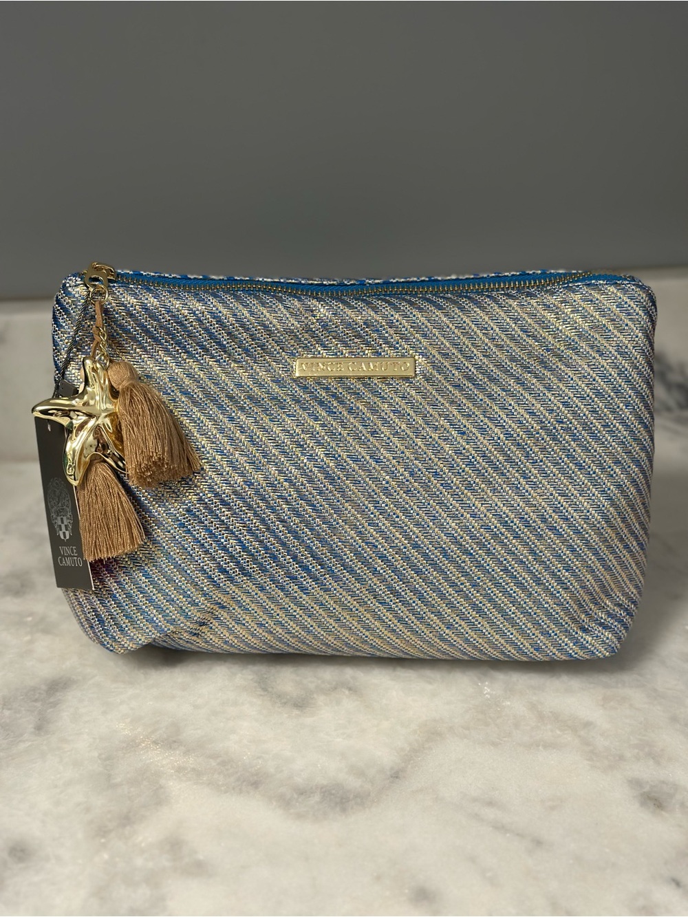 Vince Camuto Blue and Gold Metallic Stripe Cosmetic Pouch with Tassel Charm